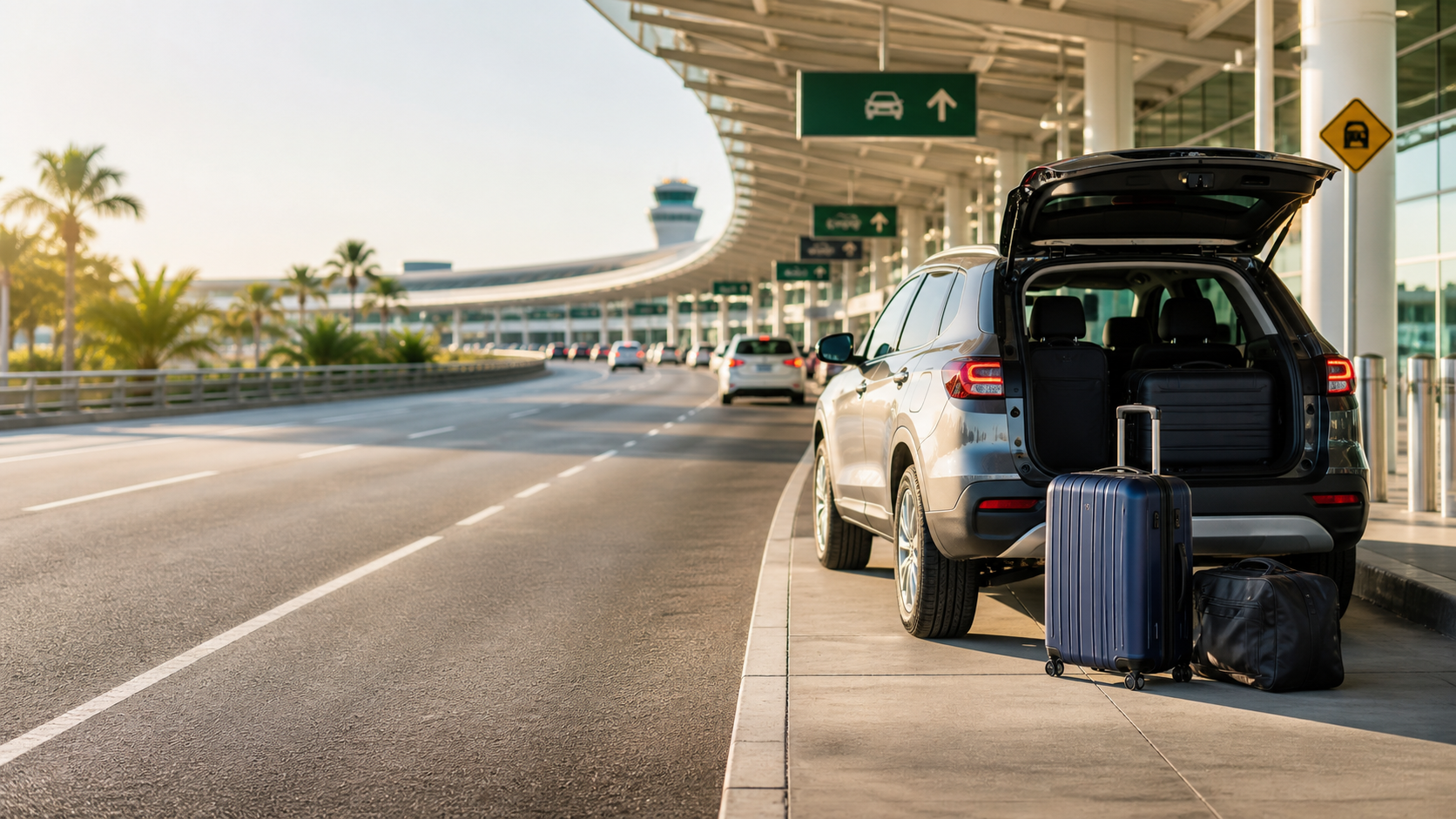 Generic airport rental pickup curb with a parked SUV and traveler luggage