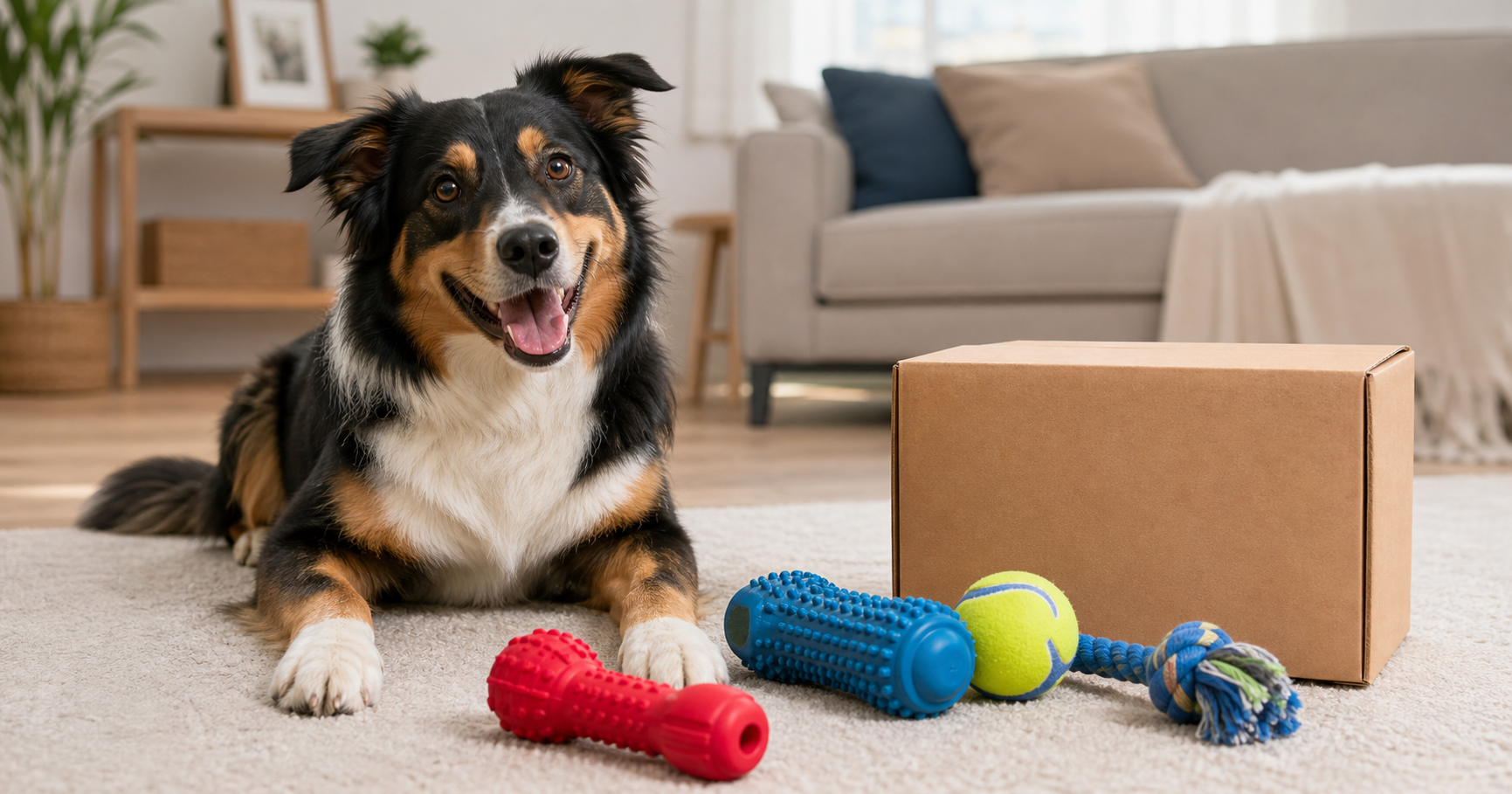 Happy dog beside a plain box and durable-looking chew toys in a home setting